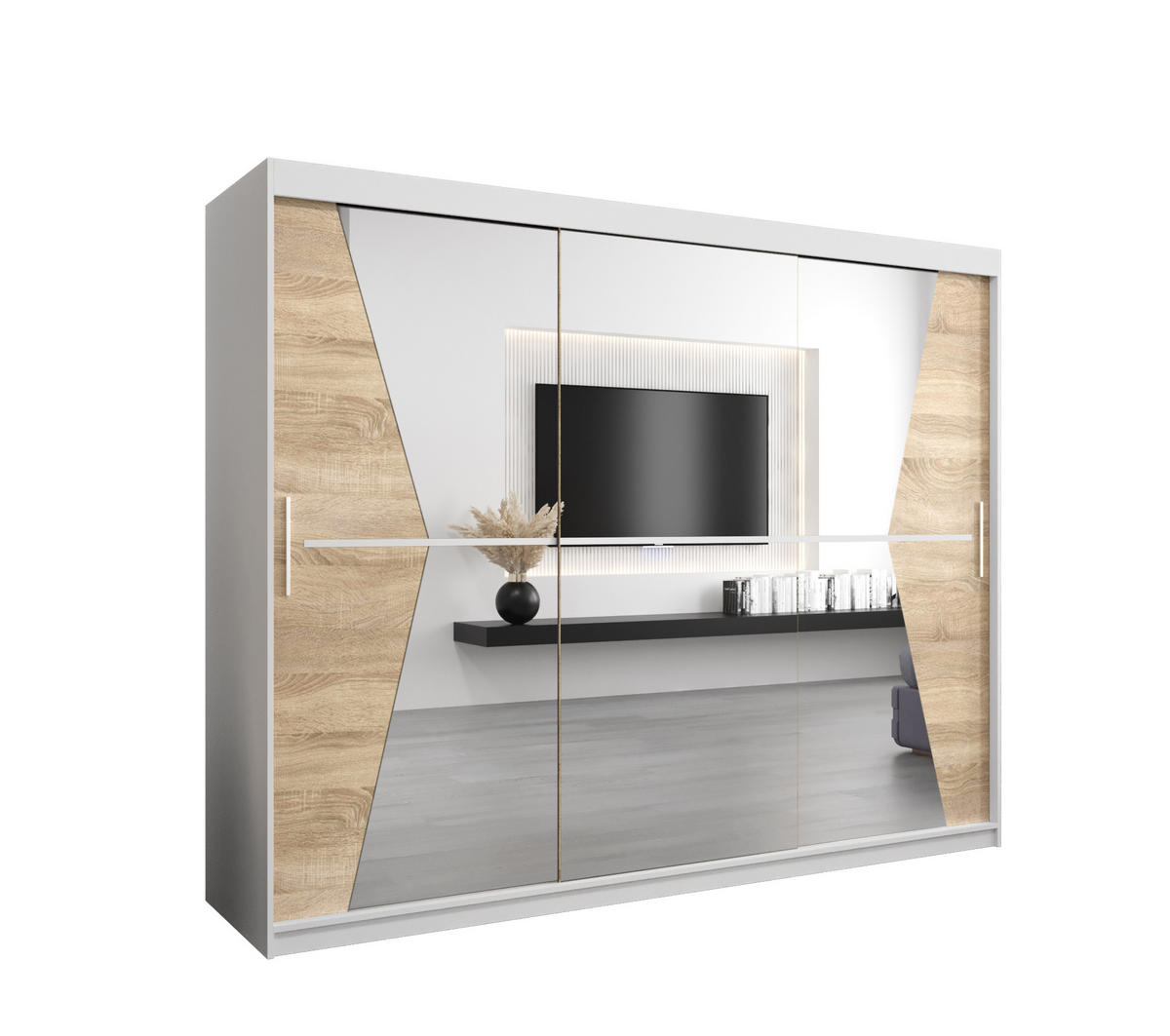 SCHWEBETÜRENSCHRANK 200/250/62 3-türig - Silberfarben/Weiß, Holz/Kunststoff (250/200/62cm) - Abiks Möbel
