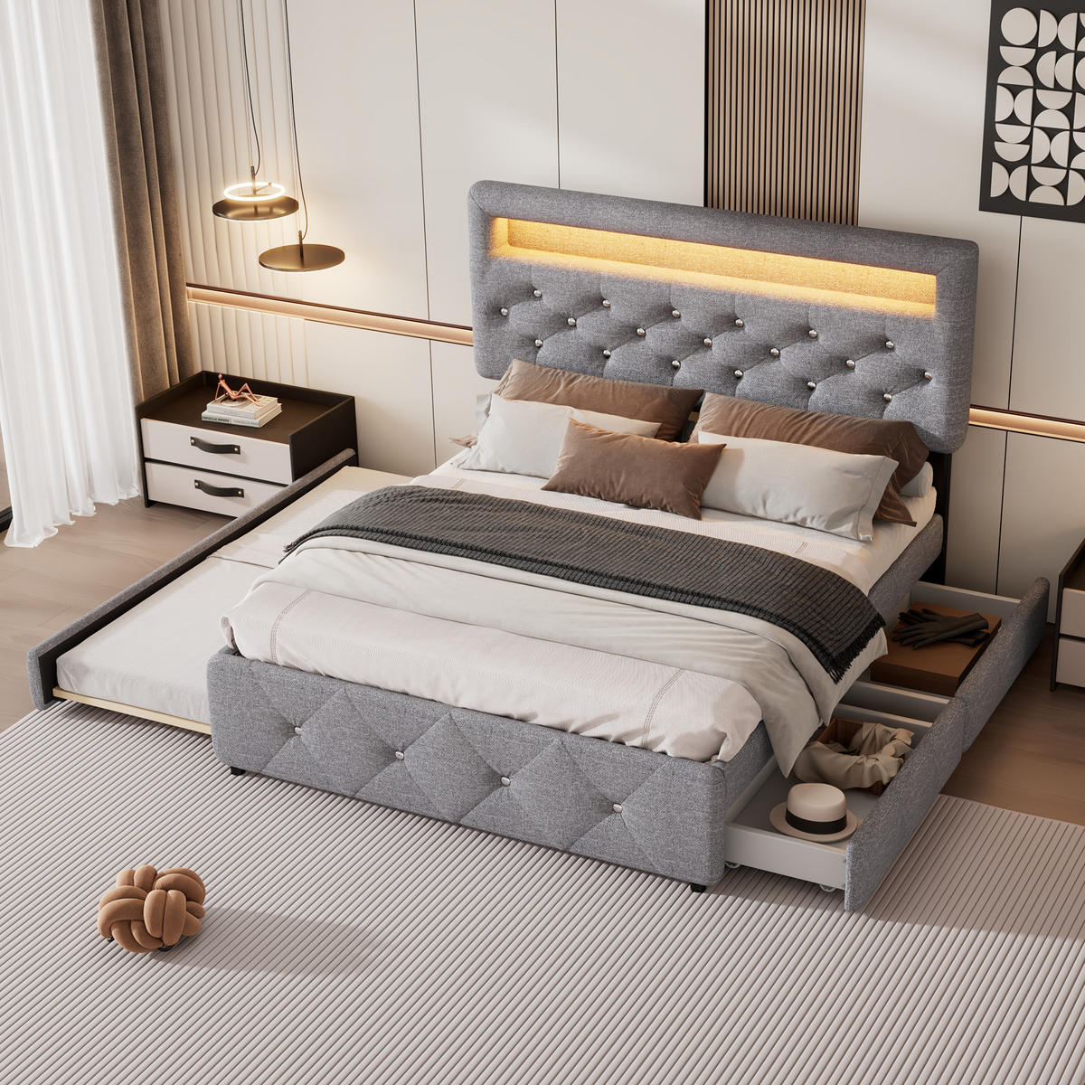 POLSTERBETT 140/200 cm Grau mit Bettauszug und 2 Schubladen - Grau, Textil (140/200cm) - OKWISH