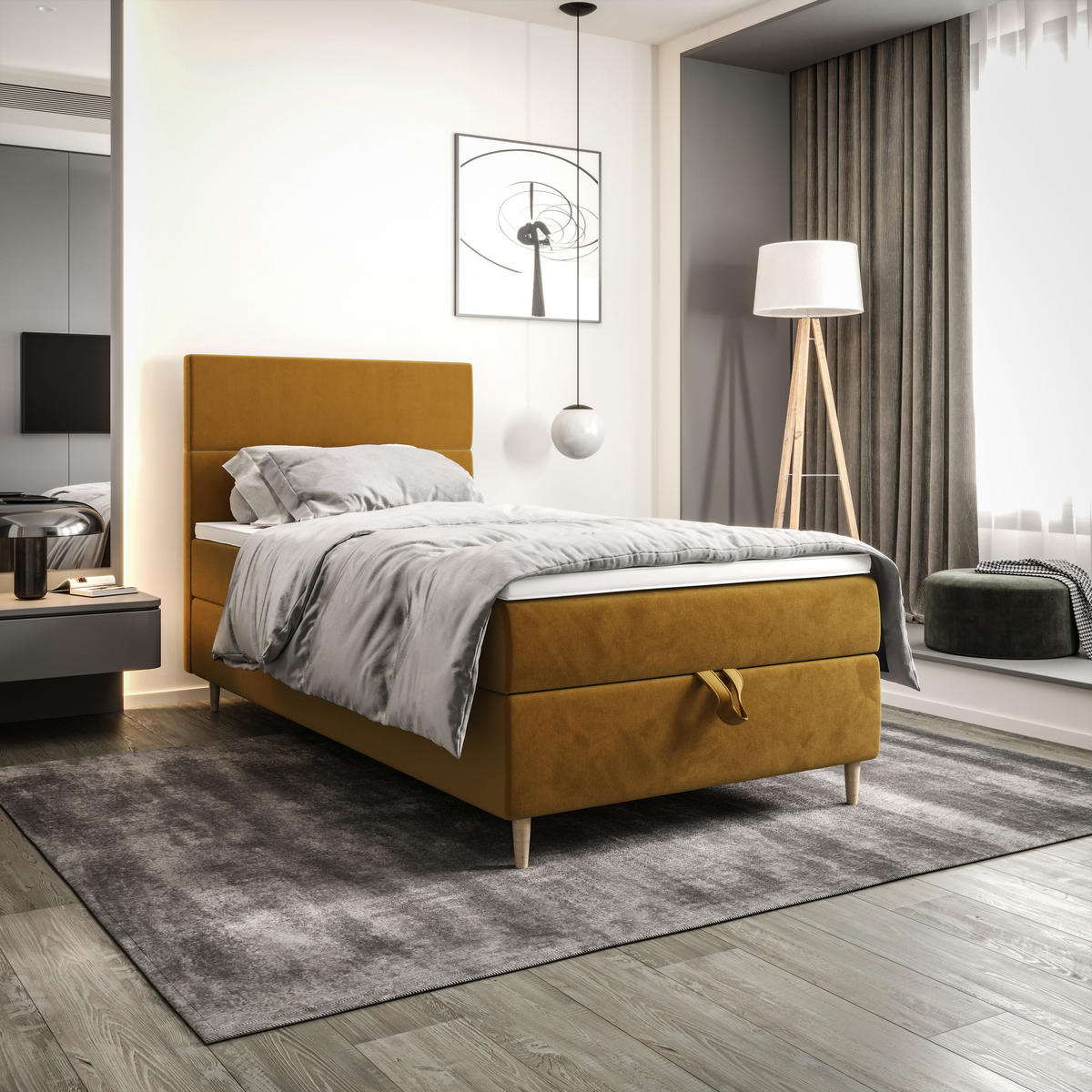 BOXBETT FLO 120x200 Itaka 33, mit Matratze H3, Bonell und Topper, Senfton - Gelb, Holz/Textil (120/200cm) - Bedante