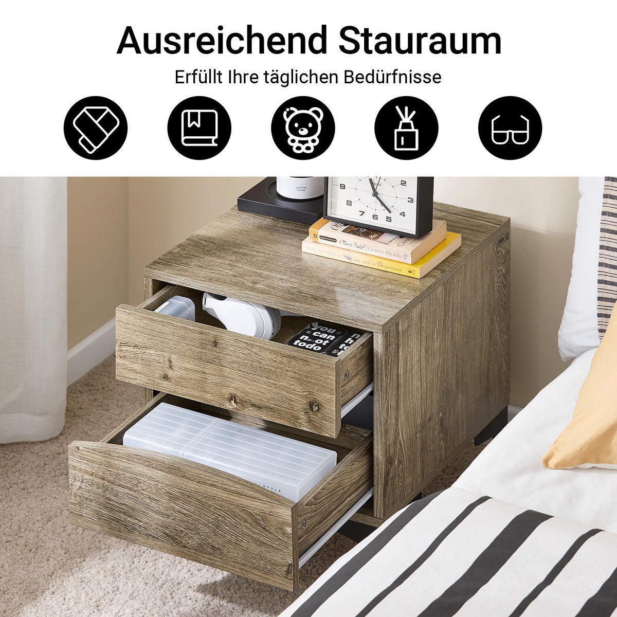 NACHTTISCH mit 2 Schubladen, 40×40×47 cm, Natur - Naturfarben, Holzwerkstoff (40/47/40cm) - SoBuy