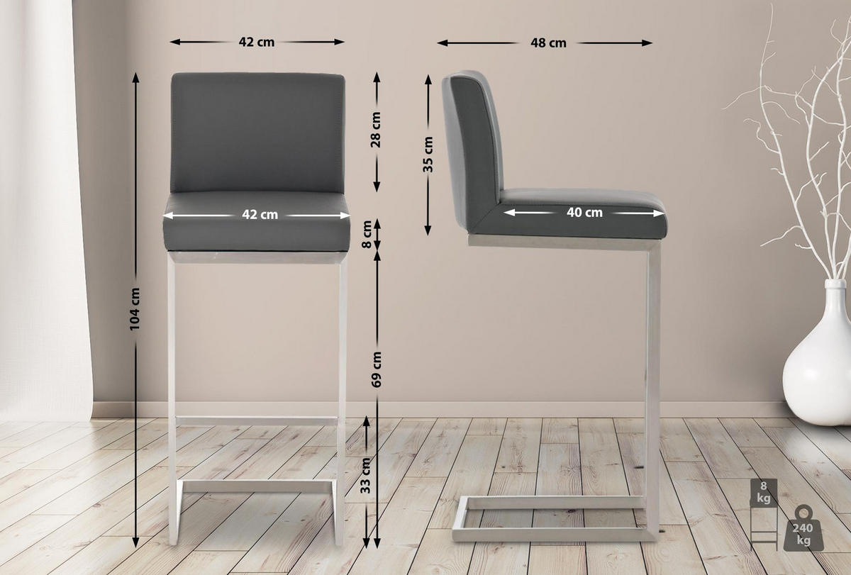 BARHOCKER Lederlook Grau - Edelstahlfarben/Grau, Textil/Metall (42/104/48cm) - CLP