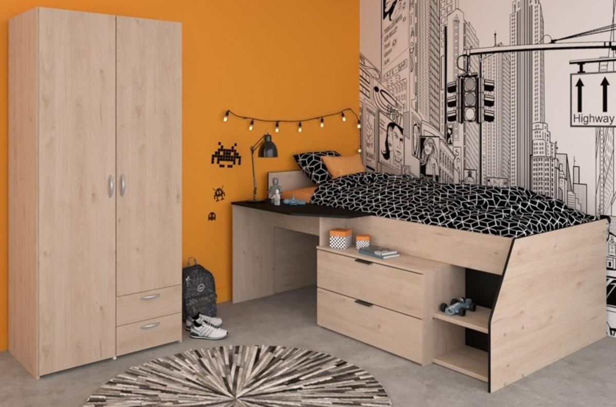 KINDERZIMMER-SET 2-teilig Eiche Jackson, schwarz, Jugendzimmer mit Stauraumbett - Eichefarben/Silberfarben, Holzwerkstoff/Kunststoff (203/185/135cm) - Parisot Meuble