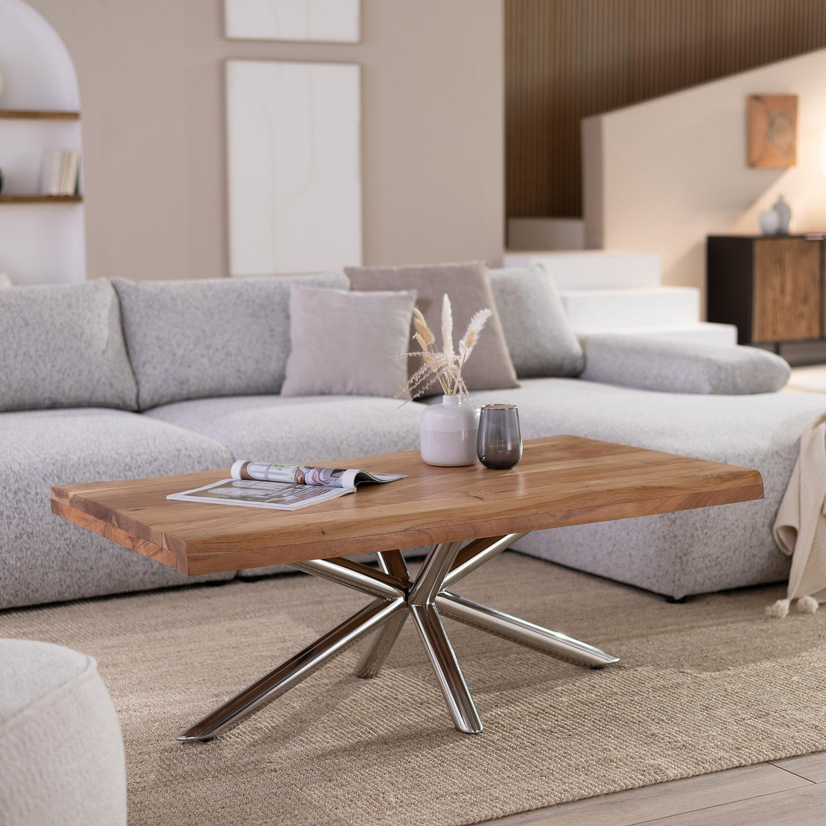 HOME24 Couchtisch KHENO - Edelstahlfarben, Holz/Metall (70/120/45cm) - home24