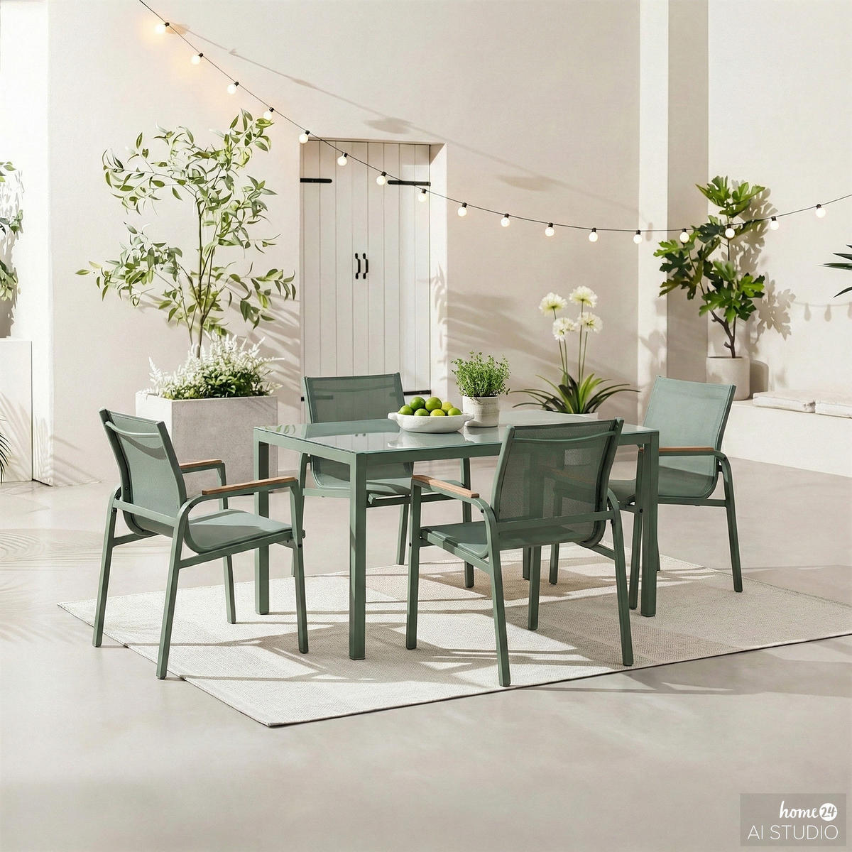 GARTENESSGRUPPE - 5-teilig - Stahl / Glas / Olefin - Salbeigrün, Glas/Textil - home24