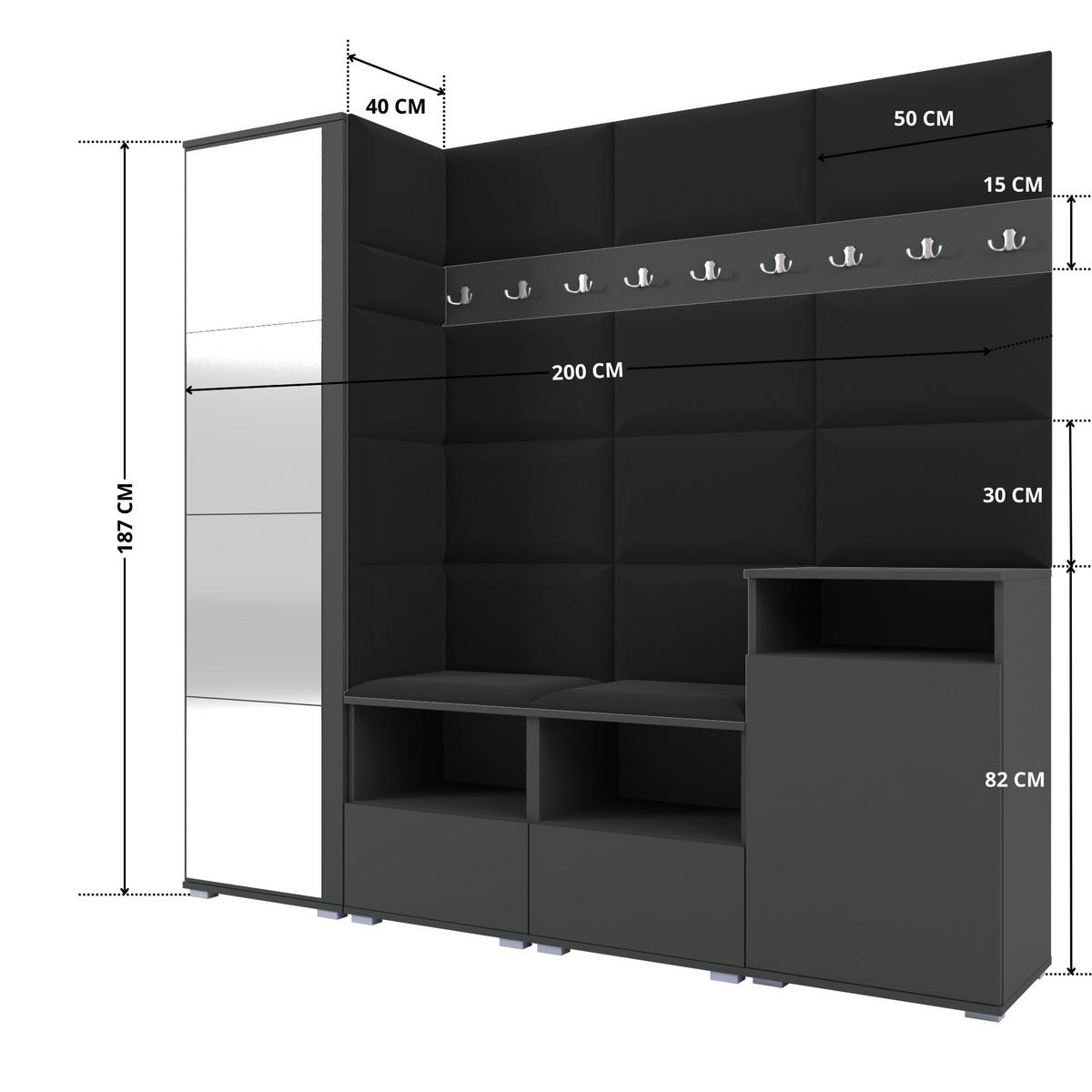 GARDEROBE NELA X 200 cm (Modulare Flurmöbel Graphit mit Spiegel & Sitzpolster Schwarz 16 Schrank + Sideboard) - Silberfarben/Schwarz, Holz/Holzwerkstoff (200/187/40cm) - Ravio