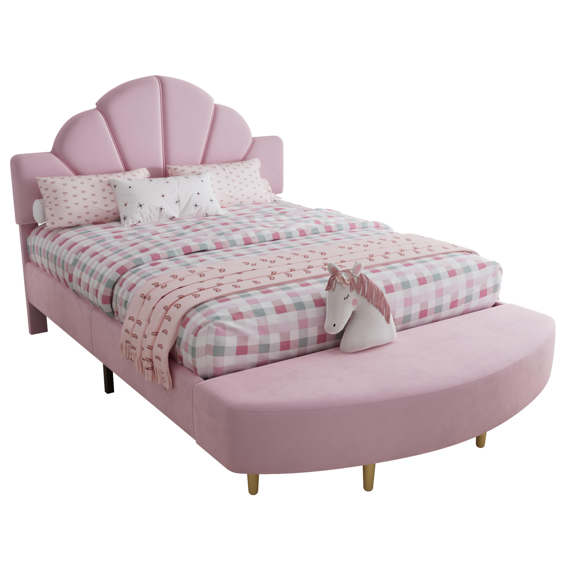 POLSTERBETT aus Samt 140x200 cm Rosa mit Bettbank, Samtkopfteil und Antikollisions-Schwammkante - Rosa, Textil (140/200cm) - Modfu
