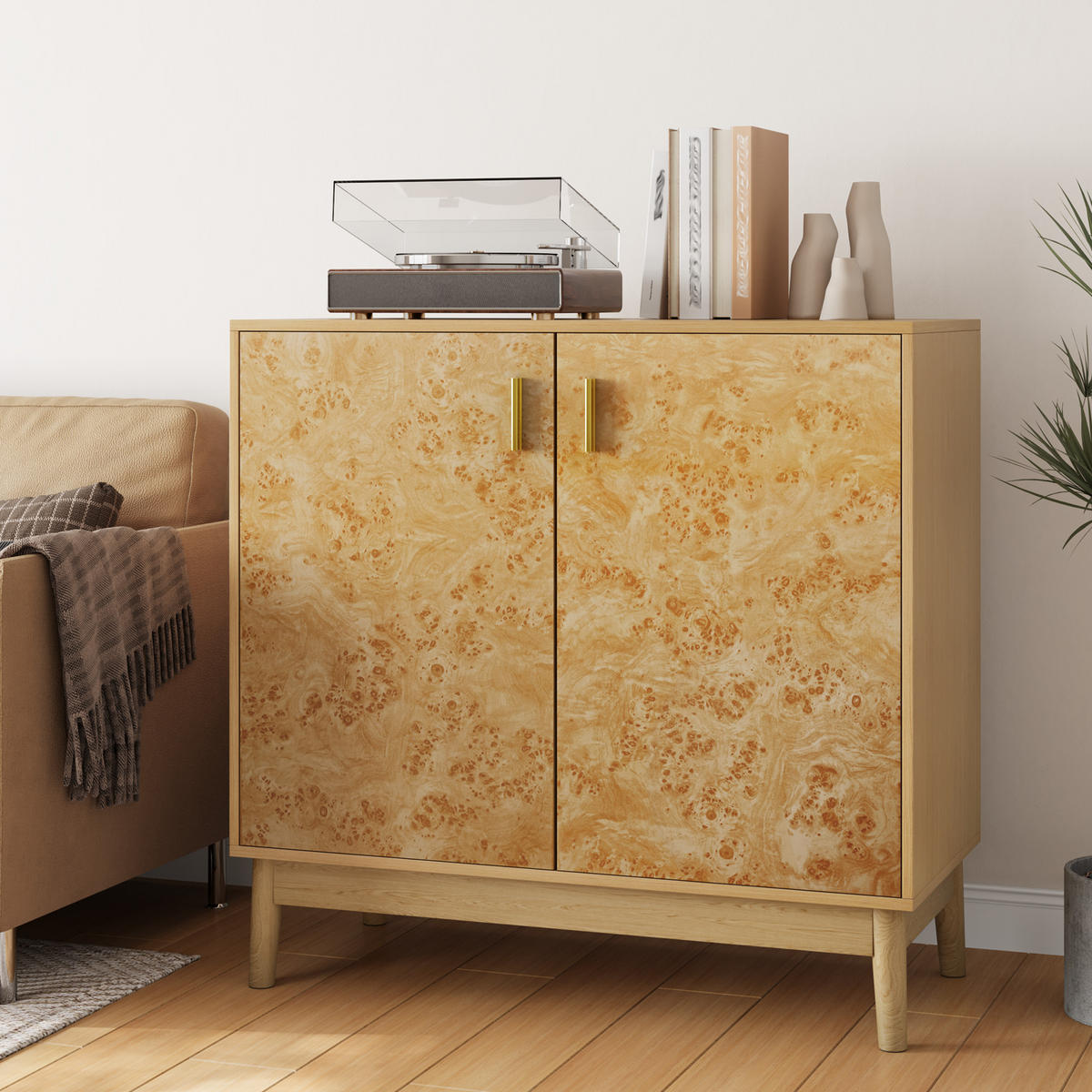 SIDEBOARD Gelb mit Baumknoten-Struktur, goldener Griff, MDF/Holz, verstellbare Einlegeböden, 80/38/77,5 cm, Gelb - Gelb, Holzwerkstoff (80/77.5/38cm) - Redom
