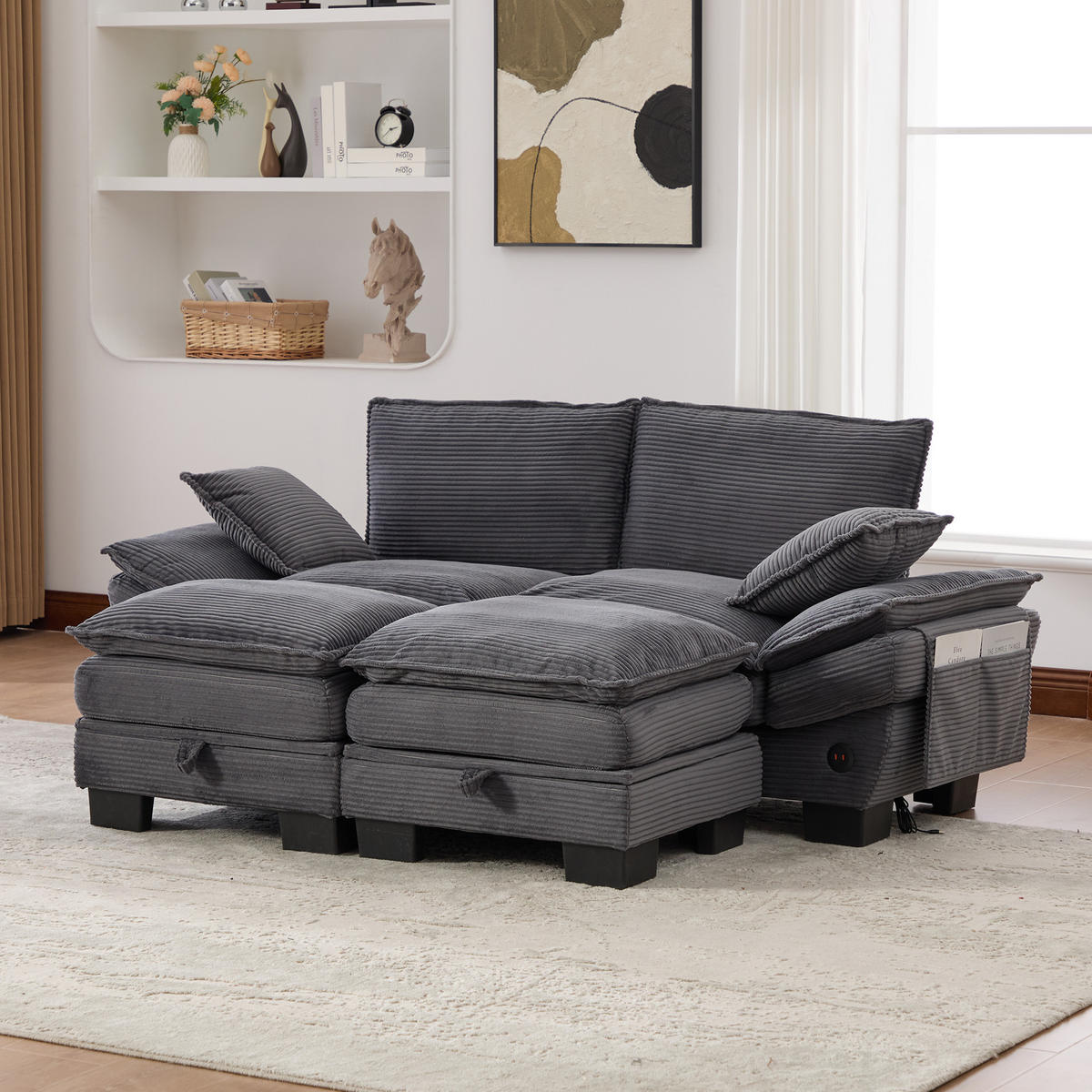 2-SITZER SOFA Cord Dunkelgrau mit 2 Hocker, USB-C und Seitentaschen - Dunkelgrau, Holzwerkstoff/Kunststoff (190/84/132cm) - WISHDOR
