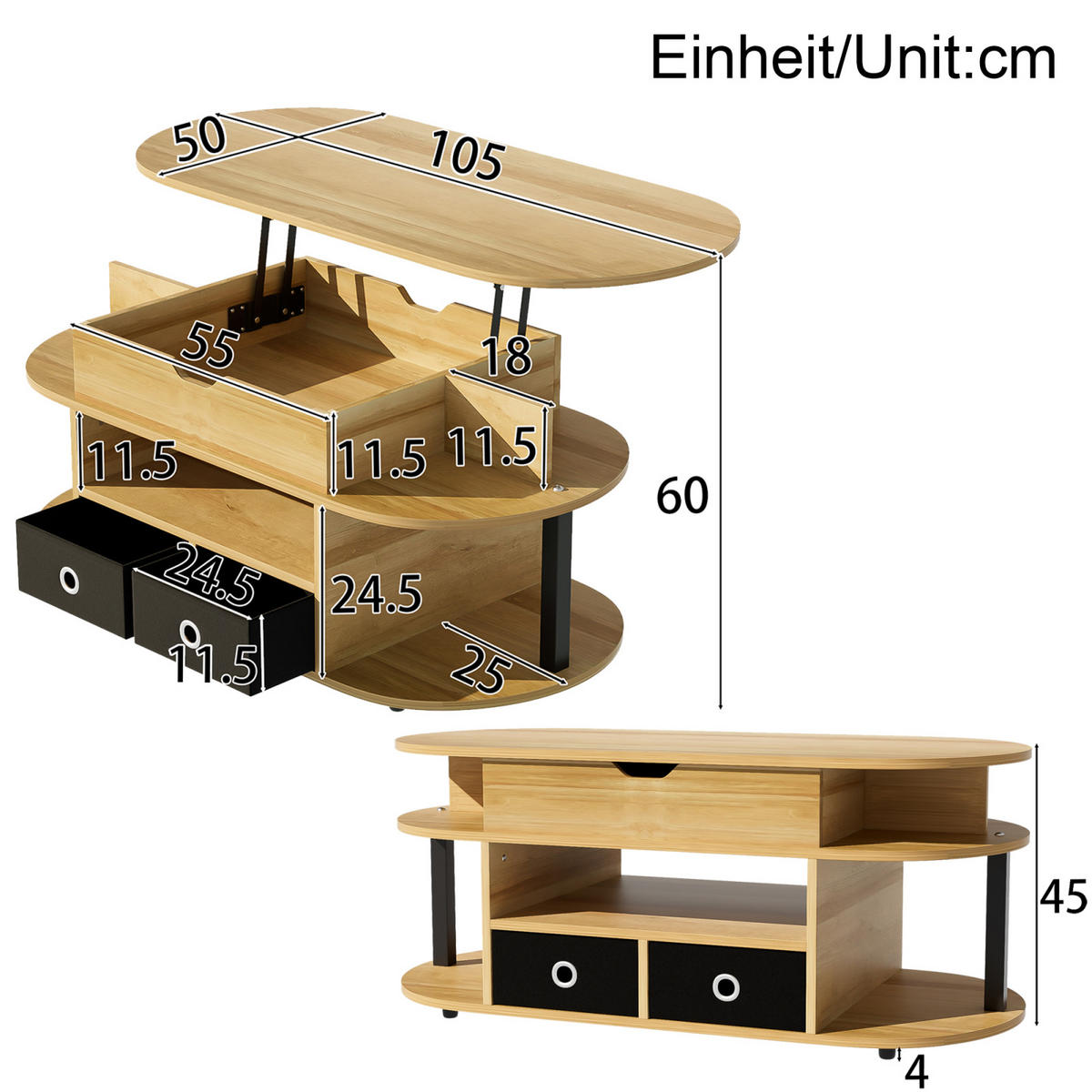 COUCHTISCH Holzoptik mit Hubfunktion, Stauraum und 2 Schubladen - Cognac, Metall (100/50/60cm)