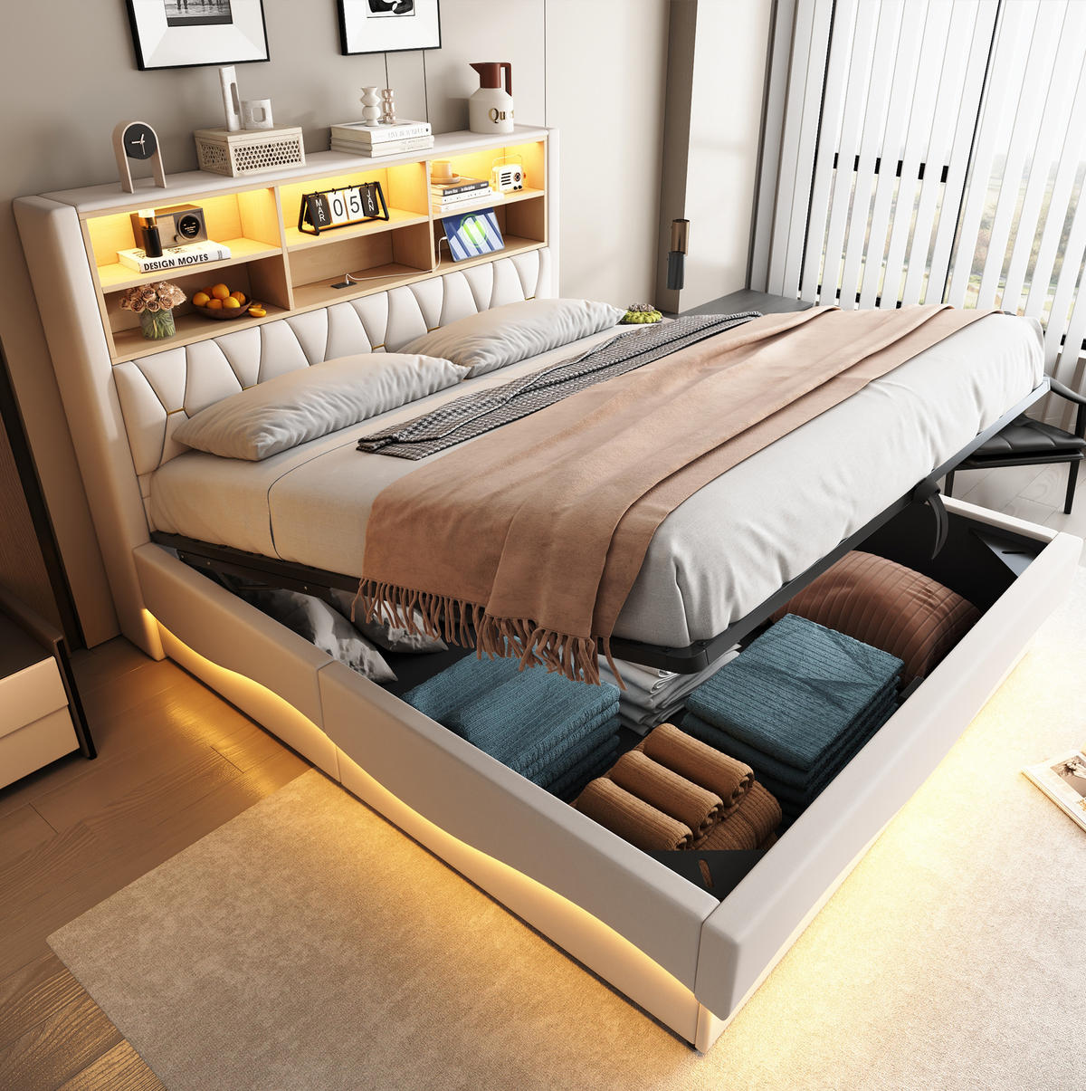 POLSTERBETT 180/200 cm Beige mit Stauraum, LED-Beleuchtung und USB-Anschluss - Beige, Metall (180/200cm) - Flora Grace