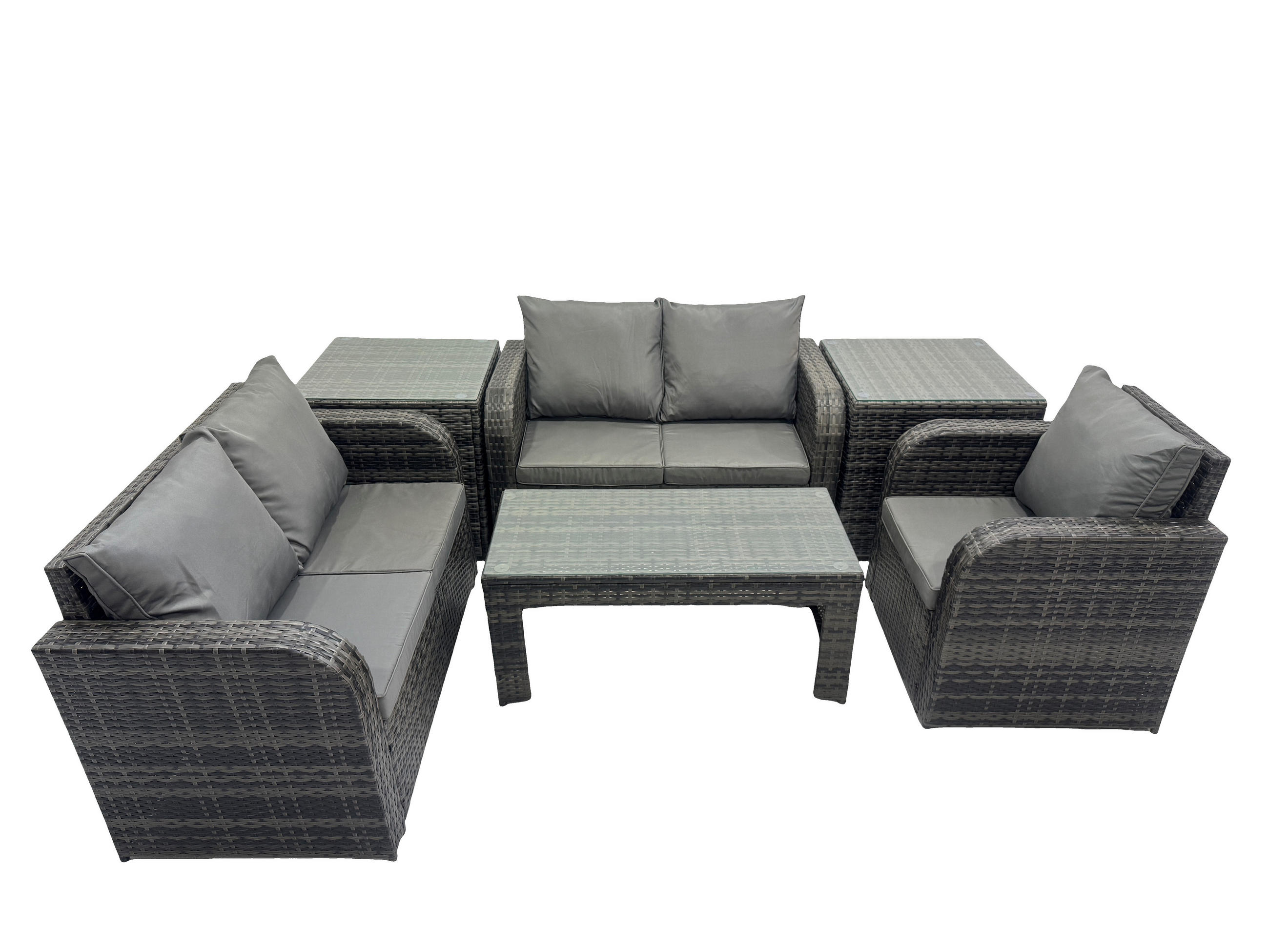 GARTENSOFA SET mit rechteckigem COUCHTISCH Polyrattan 5-Sitzer Dunkelgrau - Dunkelgrau/Grau, Glas/Kunststoff - Fimous