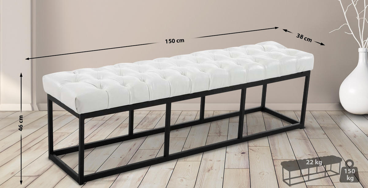 SITZBANK 150/38 cm Kunstleder weiß - Schwarz/Weiß, Textil/Metall (150/46/38cm) - CLP