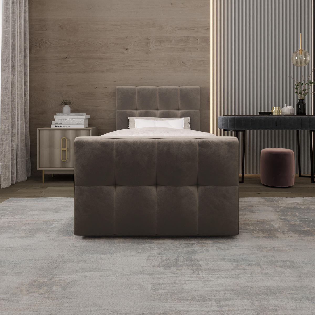 BOXBETT MANHATTAN mit Matratze H3, Bonell und Topper 100x200 Monolith 15 - Braun, Textil (100/200cm) - Bedante