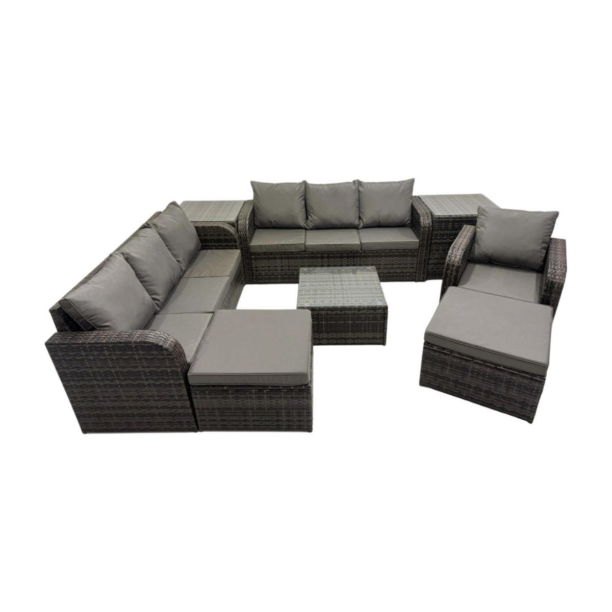 GARTENMÖBEL SET mit 3-SITZER SOFA Polyrattan Dunkelgrau 9-Sitzer - Dunkelgrau/Grau, Glas/Kunststoff - Fimous