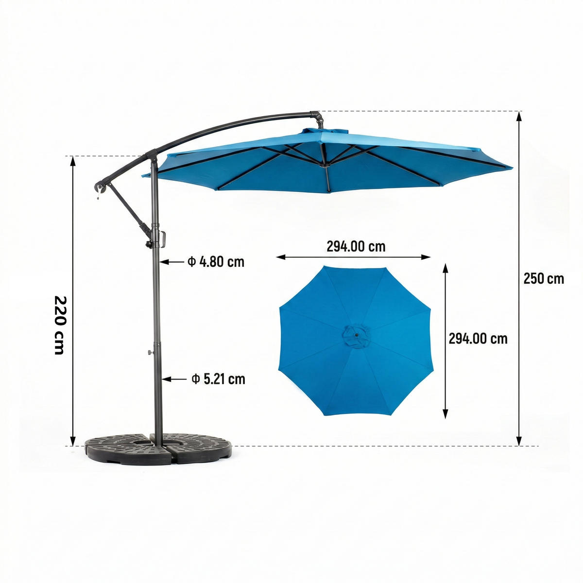 AMPELSCHIRM 294 cm Blau Stahl Hängender Gartenschirm mit Kurbel & Neigungsfunktion für Terrasse - Dunkelblau, Metall (294/294cm) - Urban Meuble