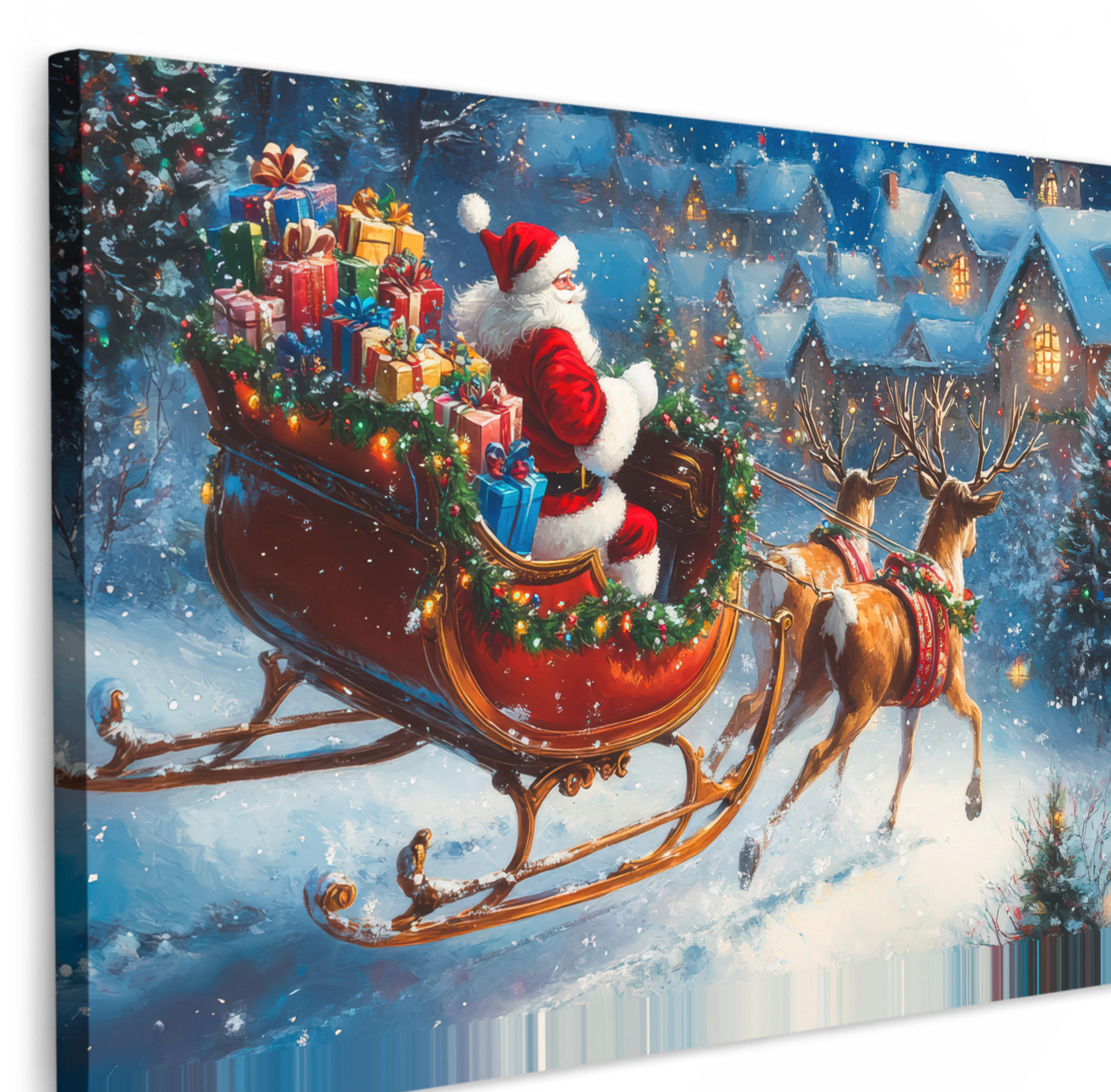 LEINWANDBILD Weihnachtsmann - Rentier - Weihnachten - Schnee 30x20 cm - Cognac, Textil (30/20cm) - MuchoWow