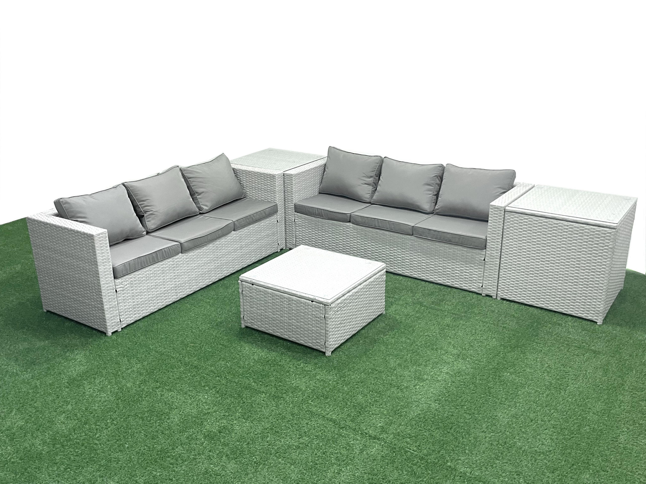 GARTENMÖBEL-SET mit Kissen Polyrattan Hellgrau-Mix 6-Sitzer - Hellgrau/Grau, Glas/Kunststoff - Fimous