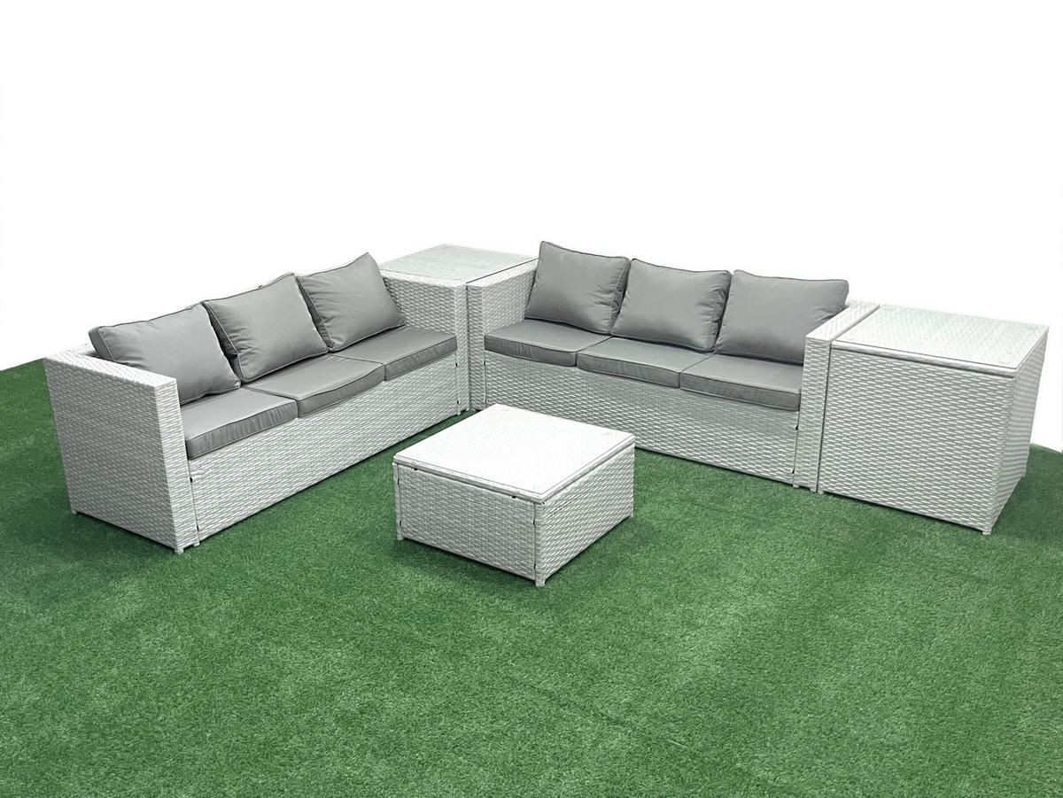 GARTENMÖBEL-SET mit Kissen Polyrattan Hellgrau-Mix 6-Sitzer - Hellgrau/Grau, Glas/Kunststoff - Fimous