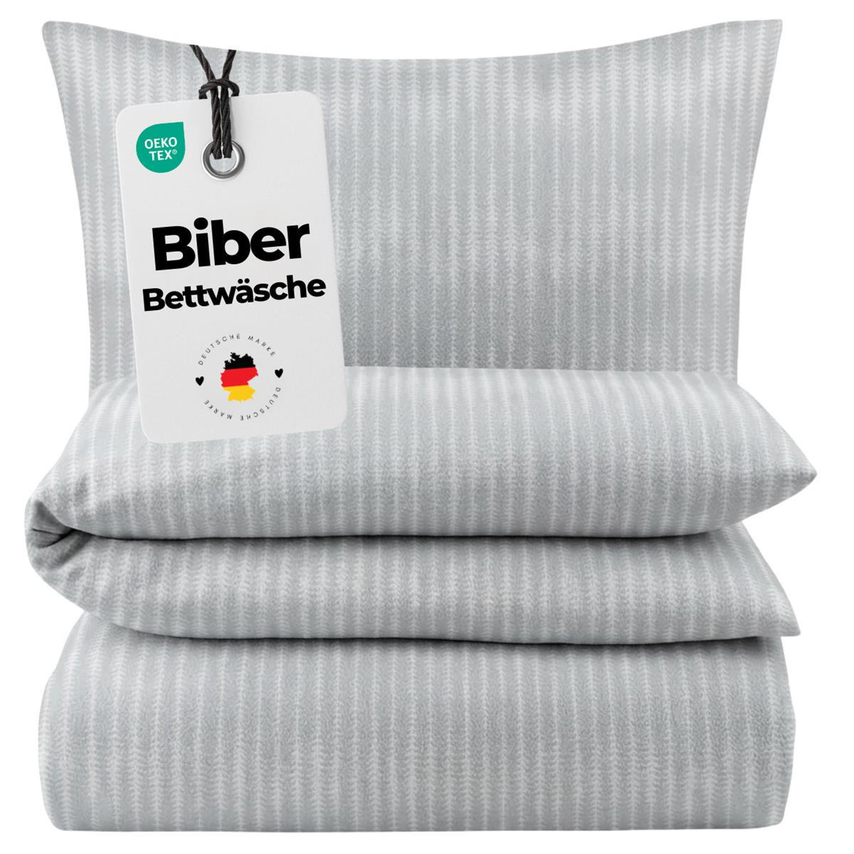 BIBER-BETTWÄSCHE 135x200 - Kuschelig warmer Flanell Bettbezug aus 100% Baumwolle für Herbst & Winter - Streifen Muster - Grau, Textil (135/200cm) - Carpe Sonno