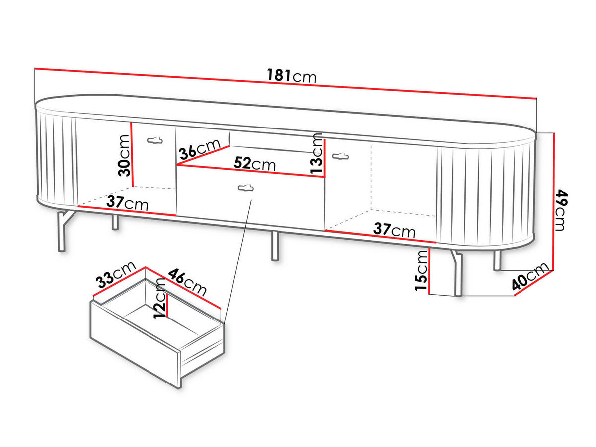 TV-LOWBOARD Zante 180 2D1S 05 - Goldfarben/Schwarz, Holzwerkstoff/Metall (181/49/40cm) - MIRJAN24