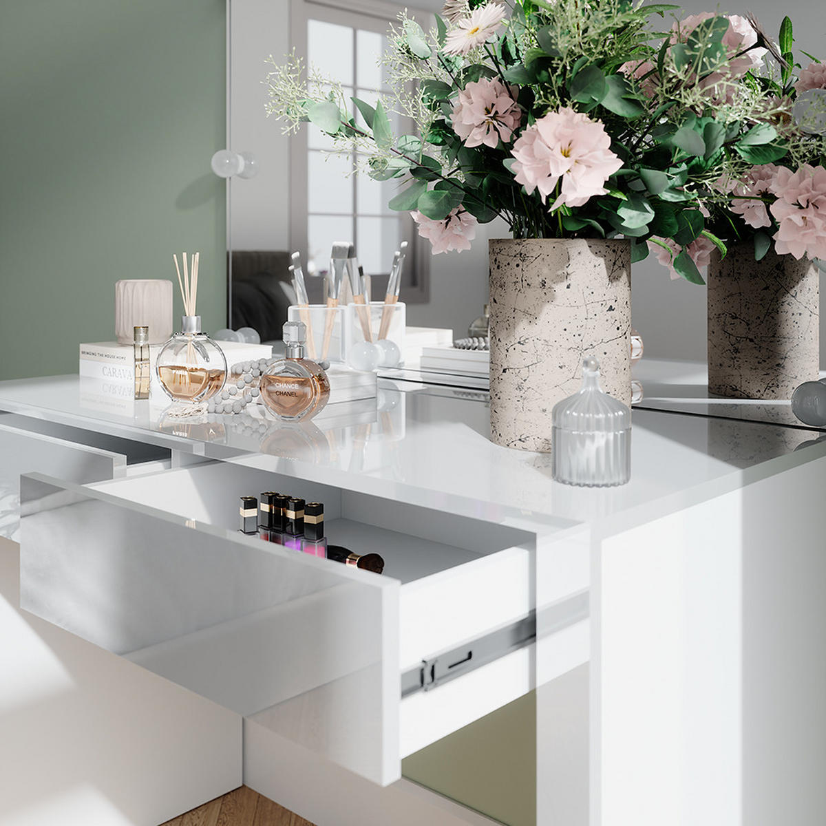 SCHMINKTISCH Annabelle Weiß Hochglanz/Weiß 110 cm mit Spiegel und Lampen - Weiß Hochglanz/Weiß, Holzwerkstoff (110/75.5/50cm) - Vicco