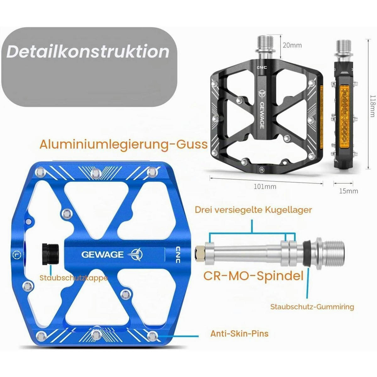 FAHRRADPEDALE Aluminium Blau mit Reflektoren - Blau, Metall (10.1/1.5/11.8cm)