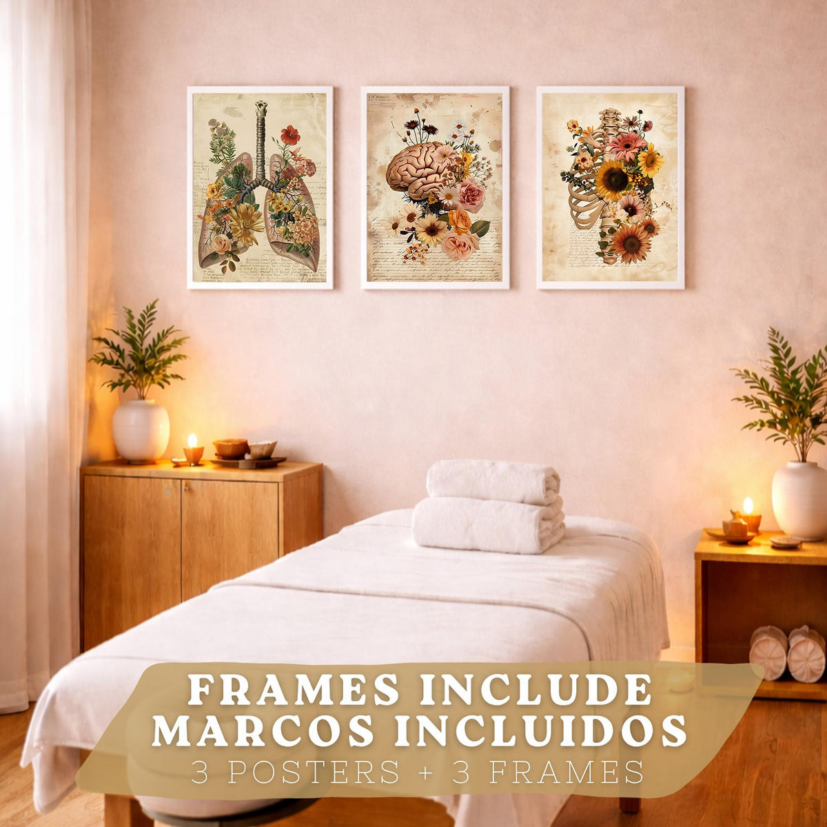 POSTER Set aus 3 Anatomie Mensch Vintage Florale Drucke und Wandbilder mit Lungen Brustkorb und Gehirn Botanischer Antiker Stil Größe Weißer Rahmen A3 - Weiß, Papier (29.7/42/3cm) - Nacnic