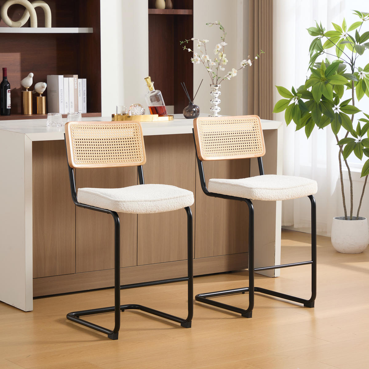 BARHOCKER DE-36899 2er-Set mit Holzrahmen und Rattan-Optik Elfenbein - Creme, Metall (53.5/98/47cm) - ComfortXL