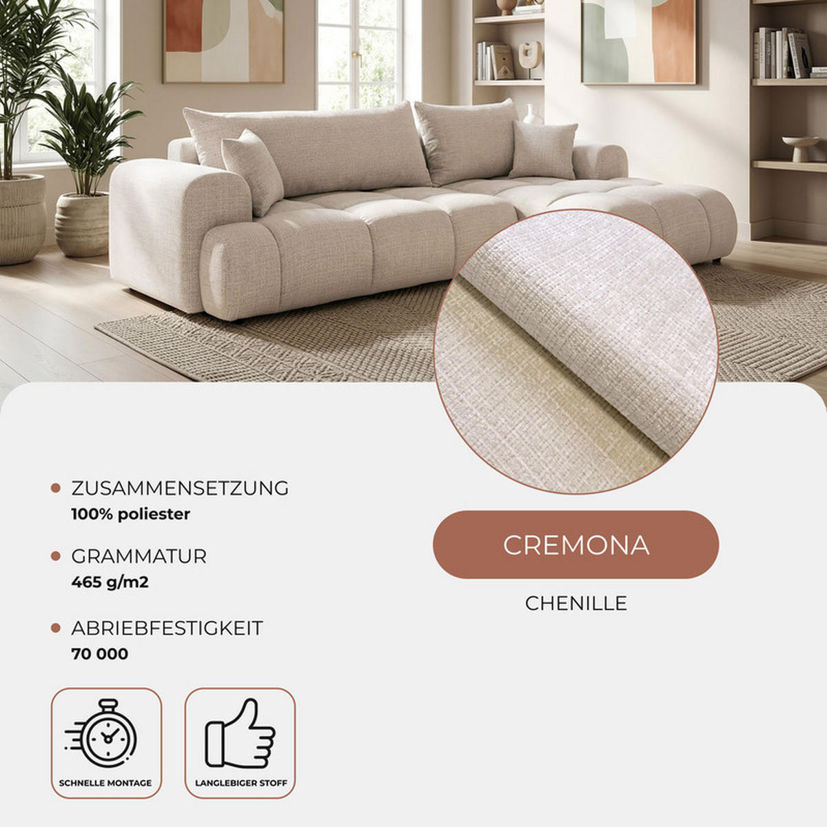 ECKSOFA MILANO mit Schlaffunktion und Bettkasten Creme - Creme, Holzwerkstoff/Kunststoff (250/90cm) - Idohome