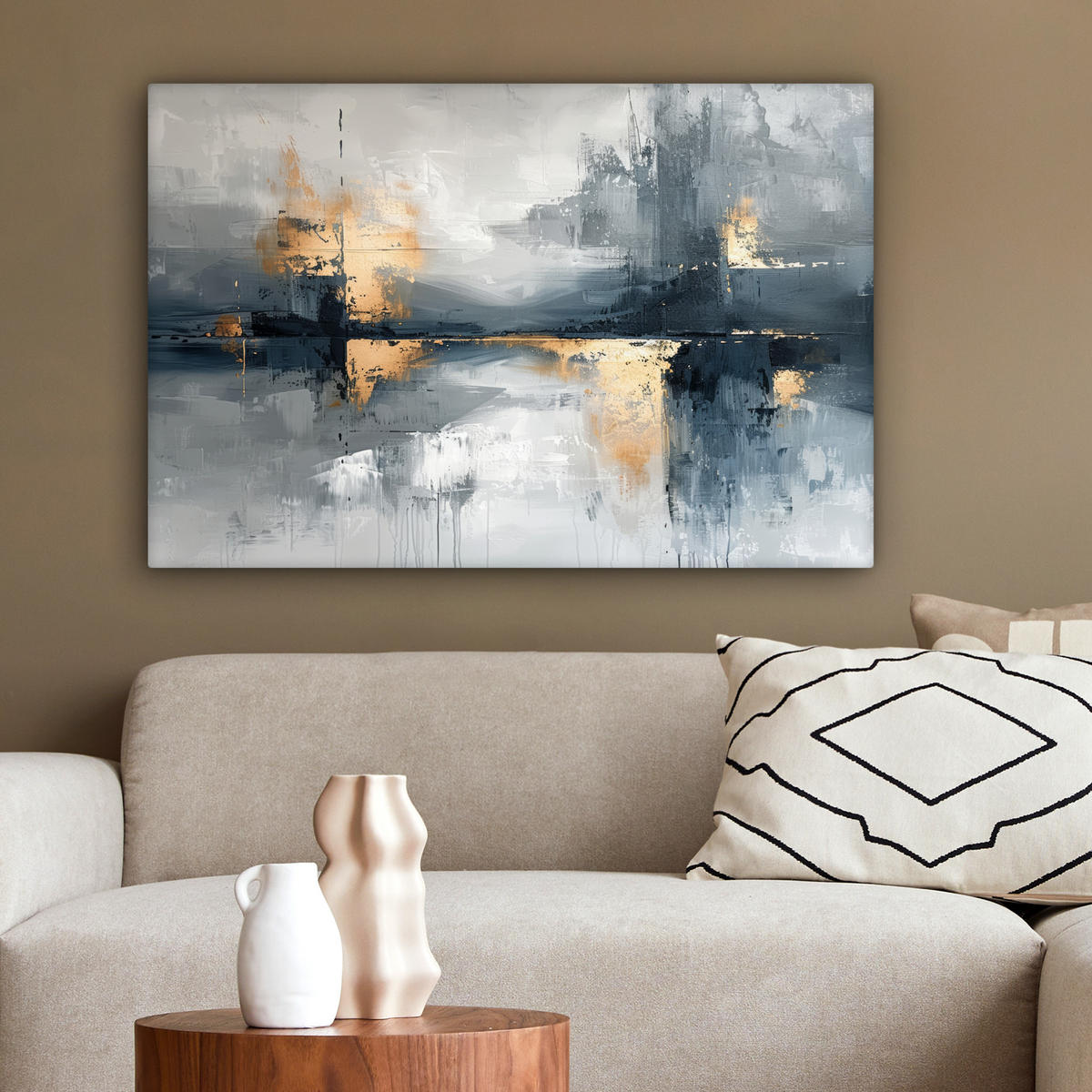 LEINWANDBILD Kunst - Grau - Gold - Abstrakt Gemälde 60x40 cm - Dunkelgrau, Textil (60/40cm) - MuchoWow
