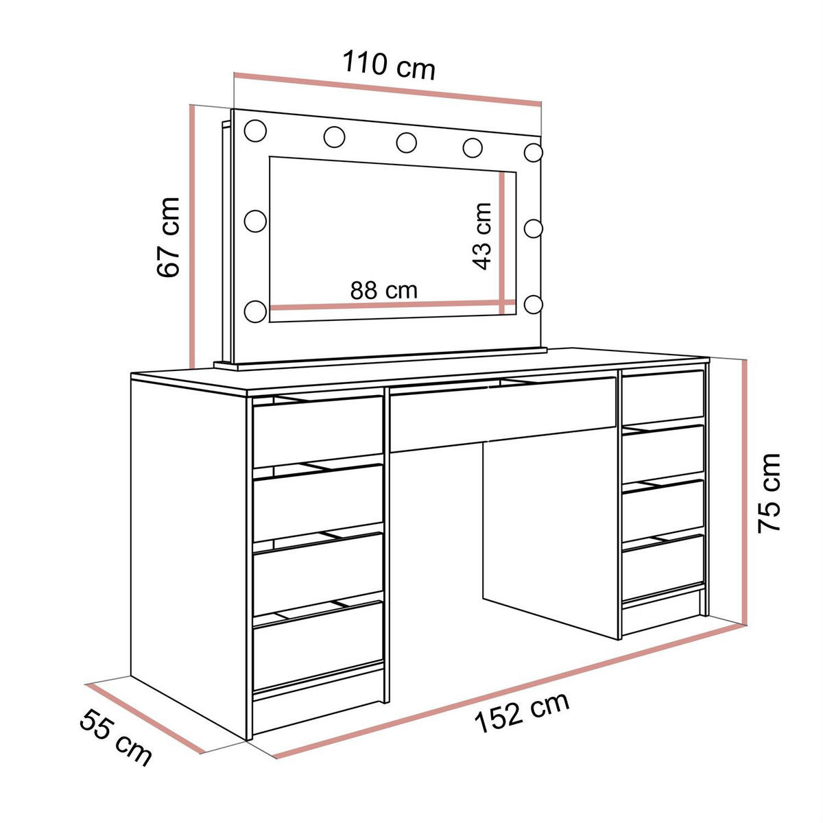 SCHMINKTISCH MADA DOUBLE mit LED-Beleuchtung - Weiß, Holzwerkstoff (152/75/55cm) - Lookway