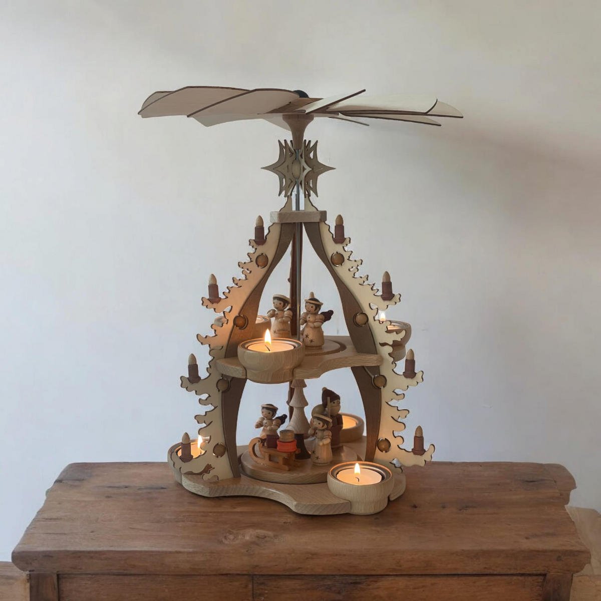 PYRAMIDE 2-stöckig Bescherung für 6 Teelichter 26/26/35 cm - Multicolor, Holz (26/35/26cm)