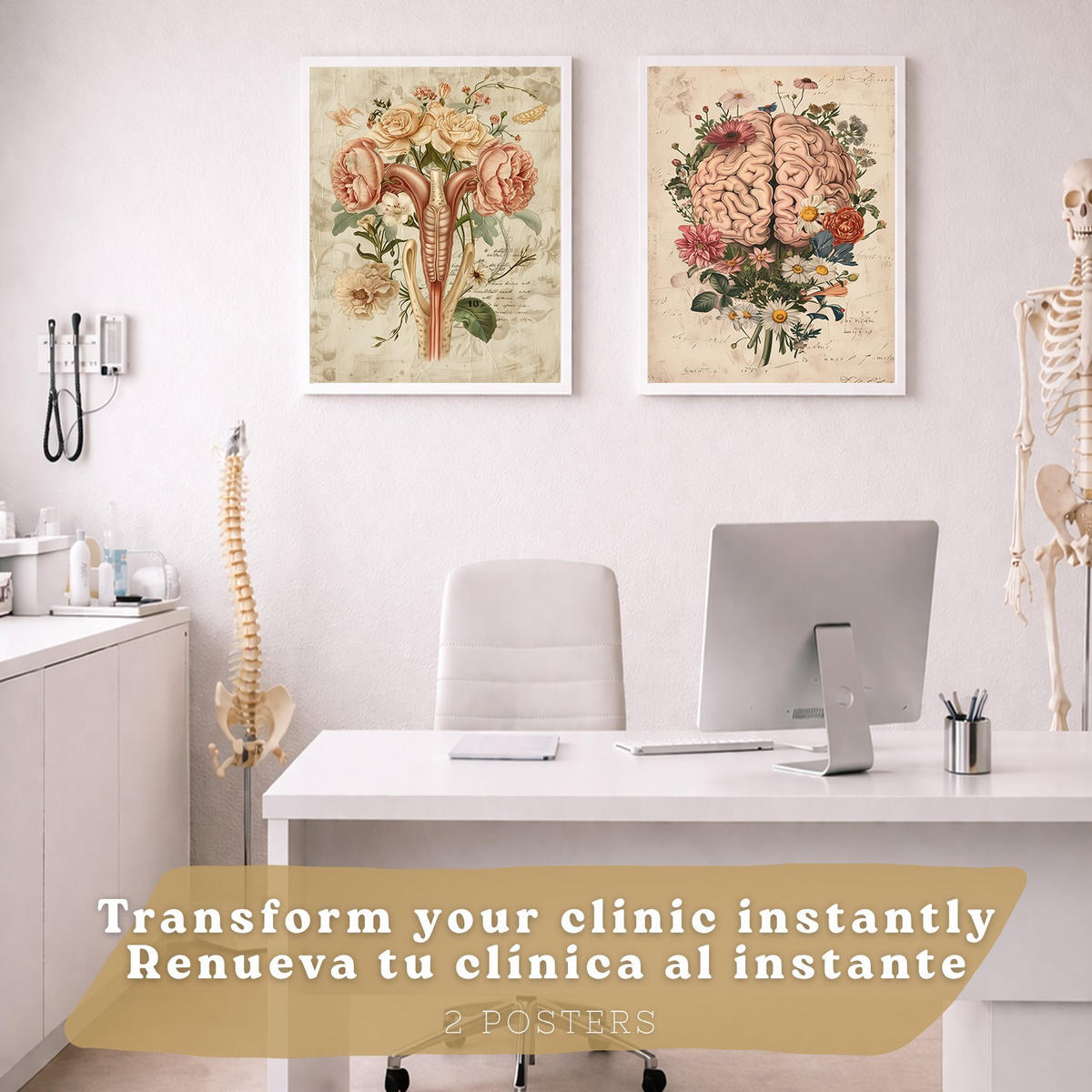 POSTER Set aus 2 Weibliche Anatomie Drucke und Wandbilder mit Gehirn und Gebärmutter Botanischer Retro Vintage Floraler Stil Größe Weißer Rahmen A3 - Weiß, Papier (29.7/42/3cm) - Nacnic