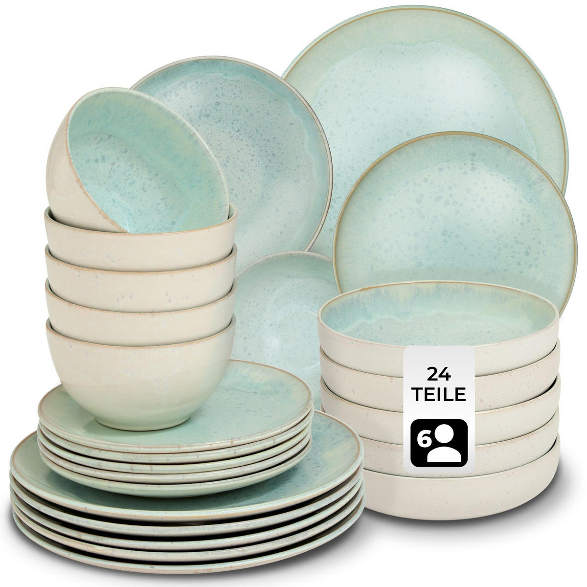 TAFELSERVICE Mare, ineinander stapelbar, Mint - Mintgrün, Keramik (26.5/2.5/26.5cm) - tectake