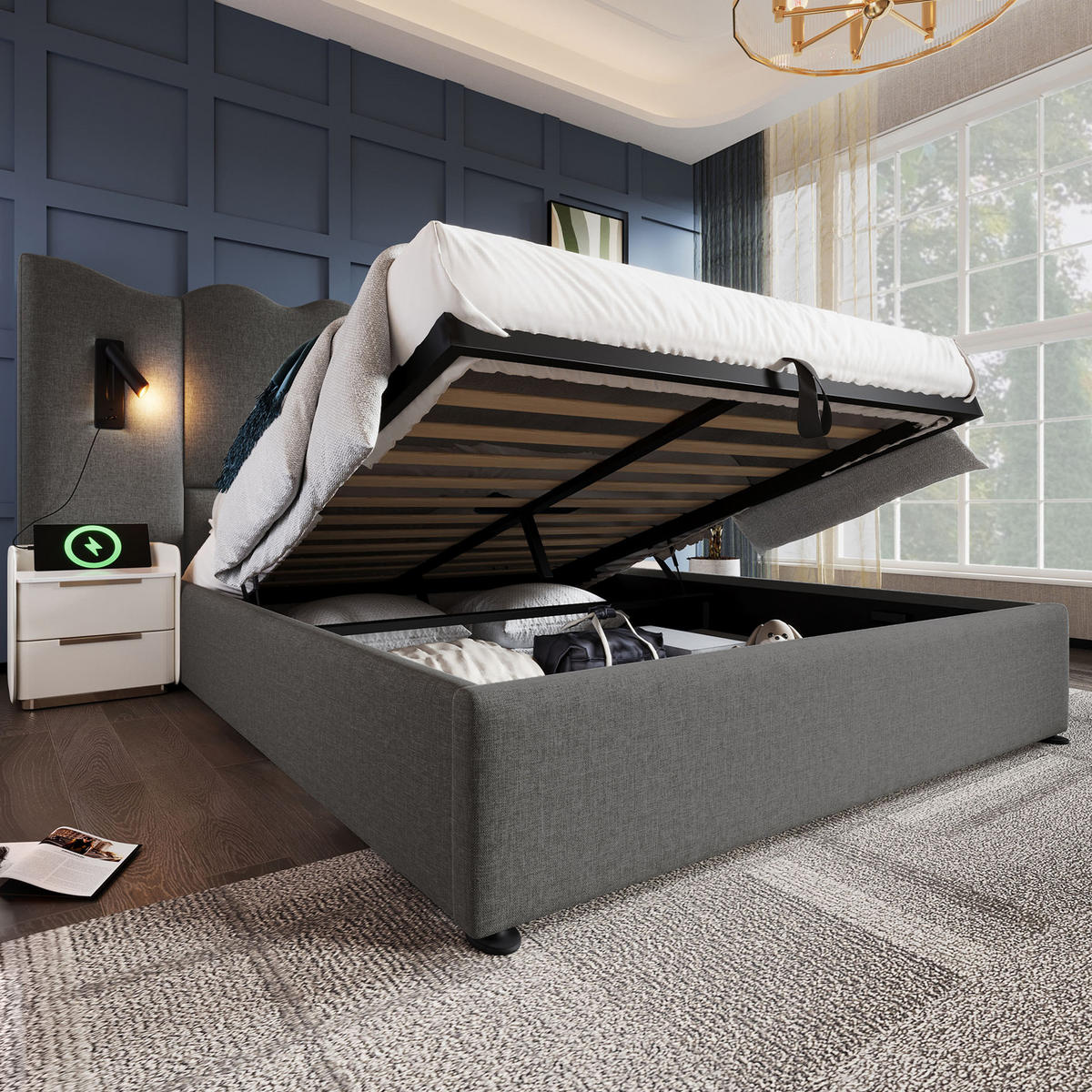 POLSTERBETT 160/200 cm Grau mit Leselampe und USB Type-C Ladefunktion - Grau, Textil (160/200cm) - OKWISH