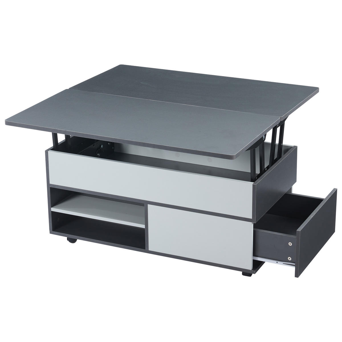 COUCHTISCH Grau/Weiß 100/98/65 cm mit Hebefunktion und Rollen - Grau, Holzwerkstoff (98/100/65cm) - PANGIVO