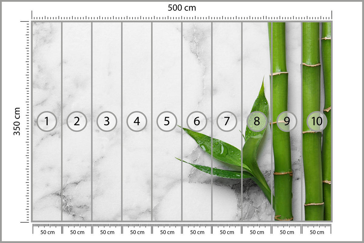 FOTOTAPETE für Küche Bambusblätter Grauer Marmor Exotisch Elegant 500x350 - Weiß/Grau, Papier (500/350cm) - Muralo