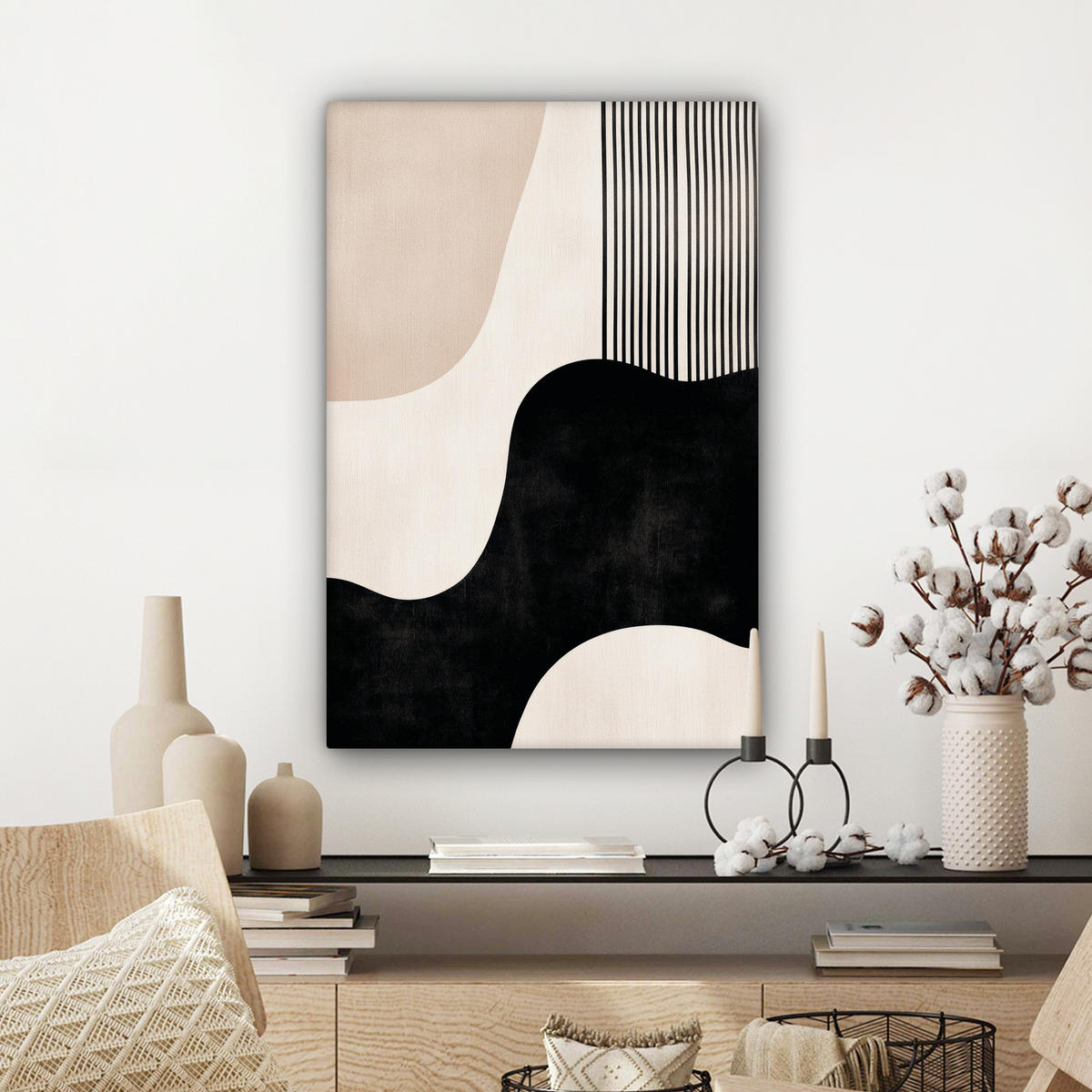 LEINWANDBILD Abstrakt - Japandi - Beige - Modern Wanddeko Schlafzimmer 60x90 cm - Schwarz, Textil (60/90cm) - MuchoWow