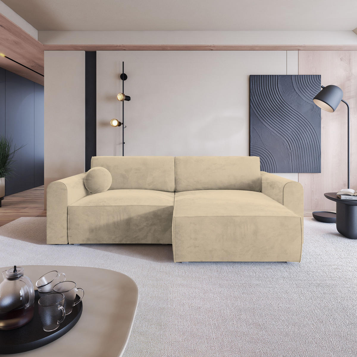 ECKSOFA FIANO M Creme Velours-Stoff mit Schlaffunktion - Creme/Grau, Holz/Kunststoff (245/148cm) - MASSENO