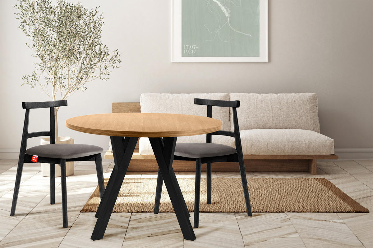 ESSTISCH INDAGA Ausziehbar 100-180cm Rund, Goldene eiche/schwarz - Eichefarben/Schwarz, Holz (100/180/75cm) - KONSIMO®