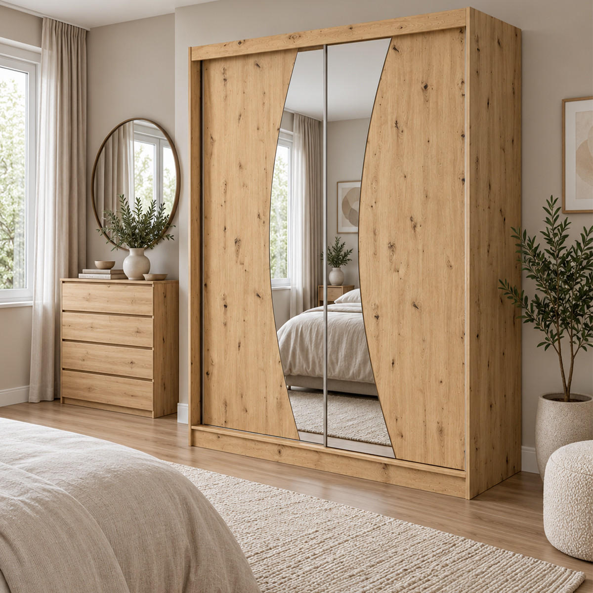 KLEIDERSCHRANK Nox 200 cm Artisan Spiegel 2 Schubladen Griffe silber - Eiche Artisan, Holzwerkstoff (200/216/61cm) - KS Home Concept