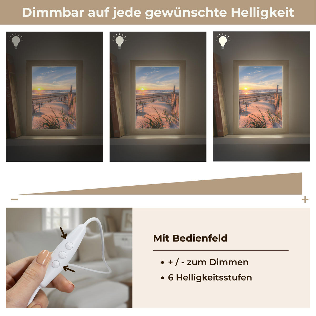 TISCHLEUCHTE Strand - Meer - Düne - Sonnenuntergang - Landschaft 15x20 cm - Creme, Holzwerkstoff (8/15/20cm) - OnlyWow