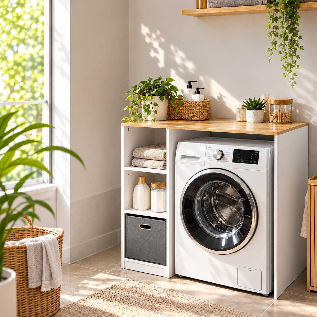 WASCHMASCHINENSCHRANK Weiß 3 Fächer Korb - Weiß, Holzwerkstoff/Textil (100/90/60cm) - Relaxdays