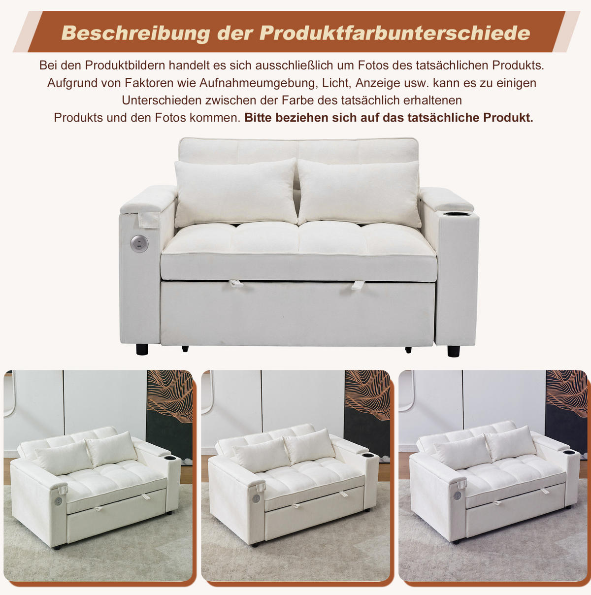 SCHLAFSOFA aus Stoff 140,5x74x82 cm Beige mit USB-, Typ-C-Anschluss, verstellbarer Rückenlehne und verstecktem Tisch - Beige, Textil (140.5/82/74cm) - Modfu