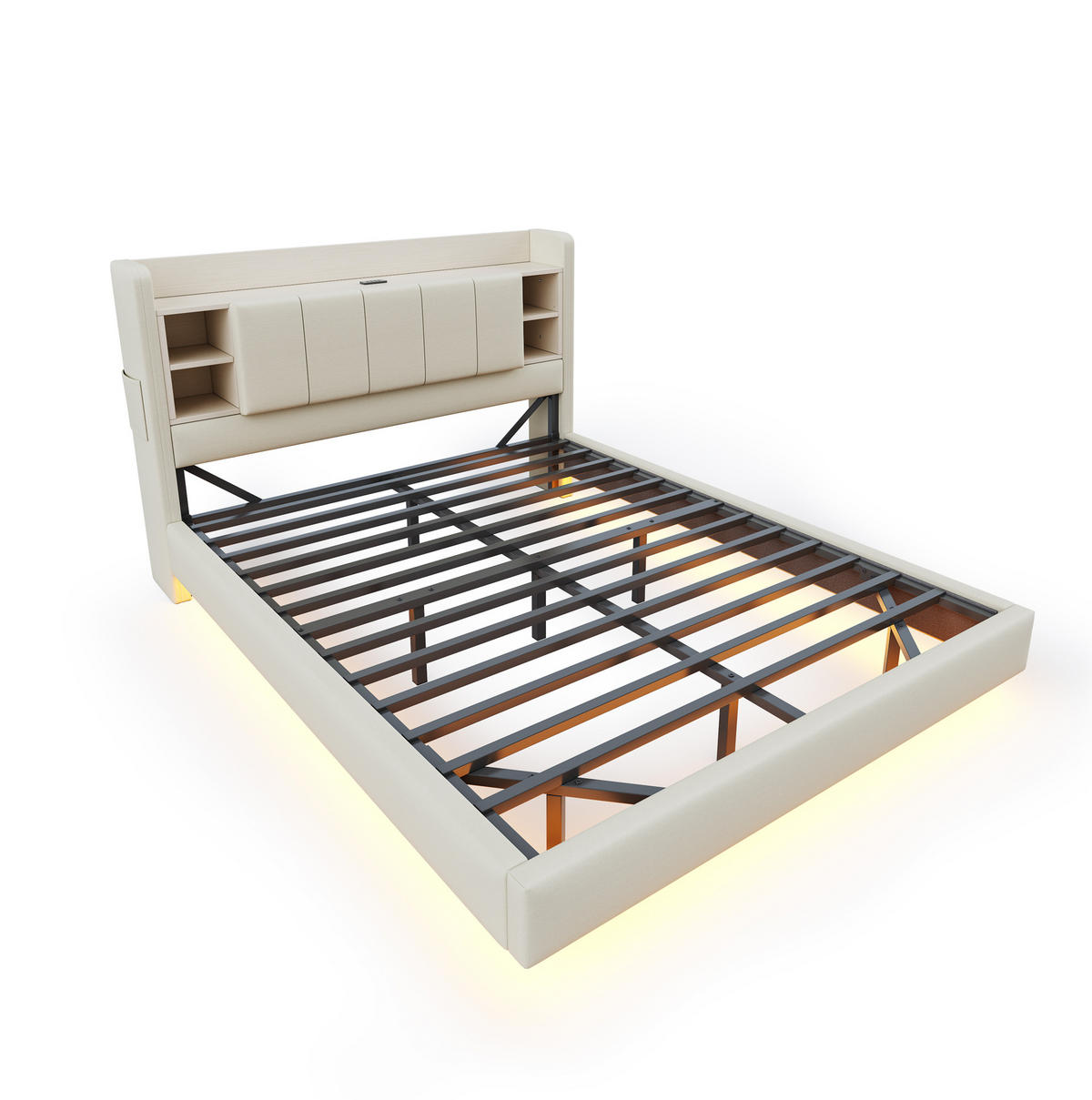 POLSTERBETT 160/200 cm Beige mit USB-Anschluss und LED-Beleuchtung - Beige, Textil (160/200cm) - OKWISH