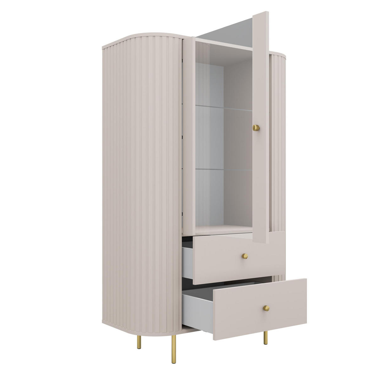 VITRINE Halay Beige, 1 Tür & 2 Schubladen Moderne Rillenstruktur, mit runden Kanten - Beige/Goldfarben, Holzwerkstoff/Metall (97.4/155/42.3cm) - AX Living