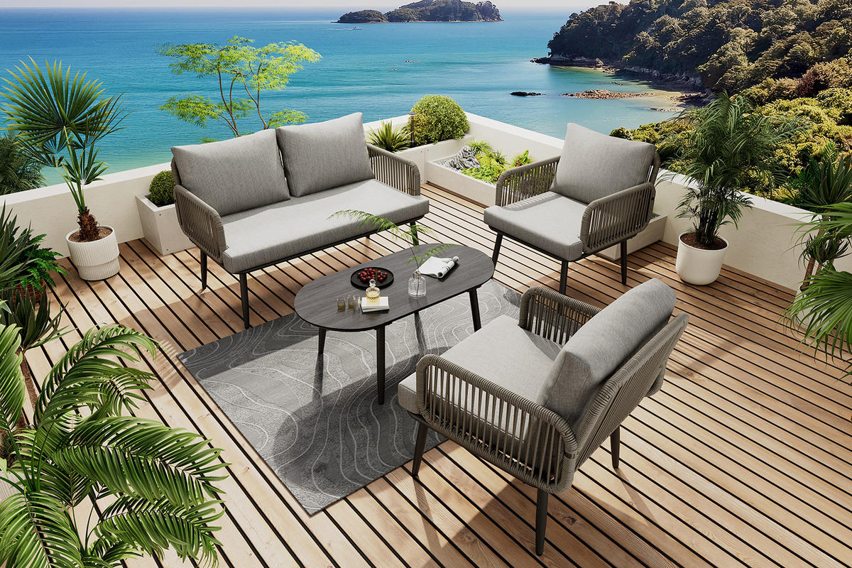 GARTENMÖBEL-SET Grau 4-teilig mit Couchtisch & handgeflochtenen Details - Grau, Textil - PANGIVO