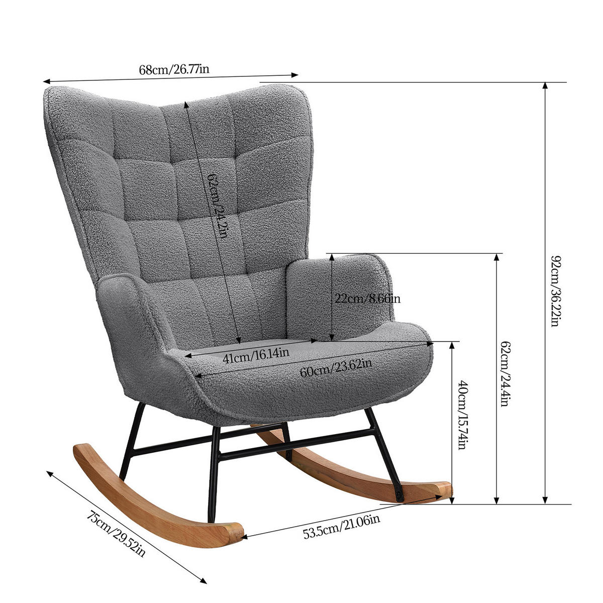 SCHAUKELSTUHL Relaxsessel aus Teddy-Samt mit Karierter Rückenlehne, Dunkelgrau - Dunkelgrau, Holz (75/92/68cm)