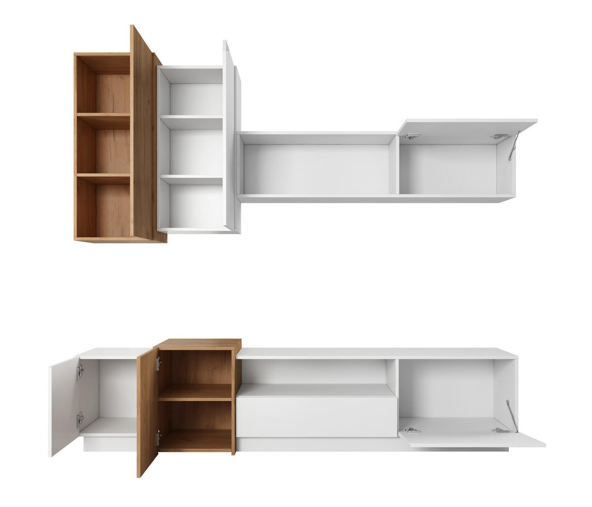WOHNWAND Viano Weiß / Eiche Craft Gold - 4-teiliges Set mit Push-to-Open - Eichefarben/Weiß, Holz/Holzwerkstoff (220/180/45cm) - Ravio