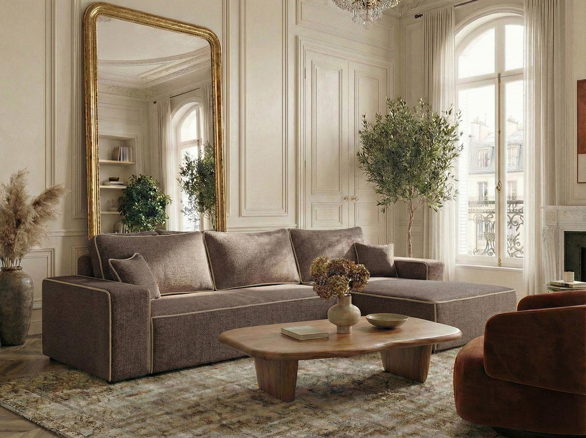 ECKSOFA MIT SCHLAFFUNKTION Modo Beige Chenille-Stoff - Rechts Seite - Beige/Schwarz, Holz/Holzwerkstoff (294/185cm) - Maison de Reve